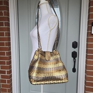 1980's CEM Metallic Leather Woven Basket Bucket Bag